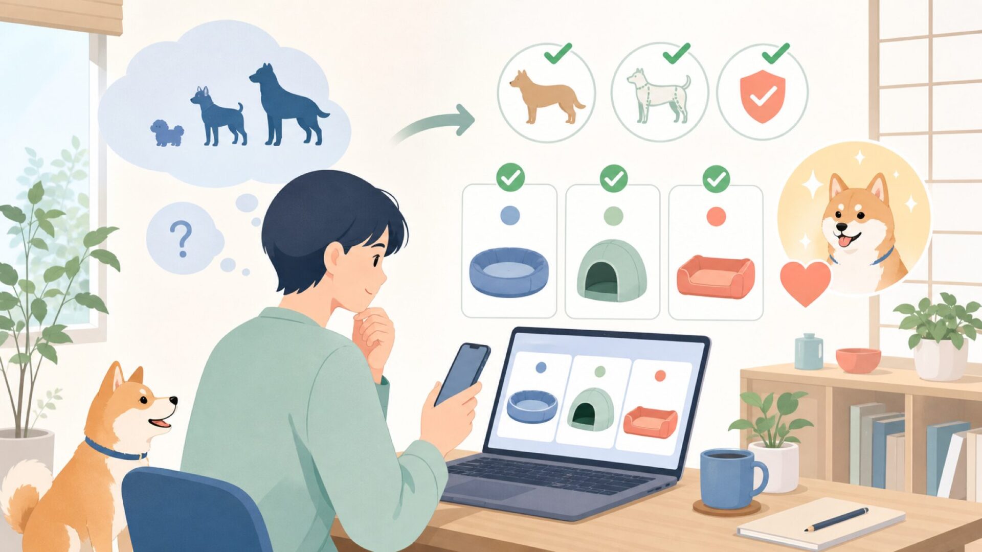 愛犬に合うサイズ・犬種モデルの選び方を表すイラスト