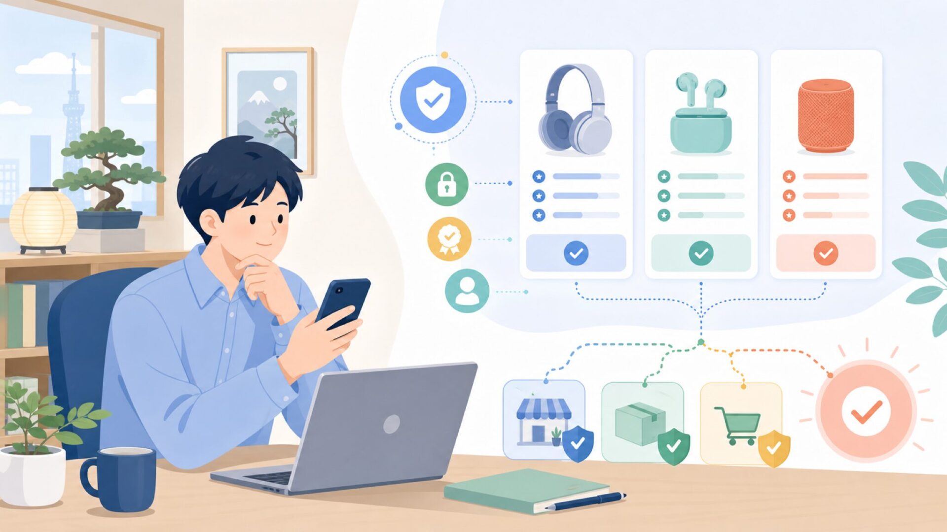 Amazonでの購入方法と類似ブランドとの比較を表すイラスト