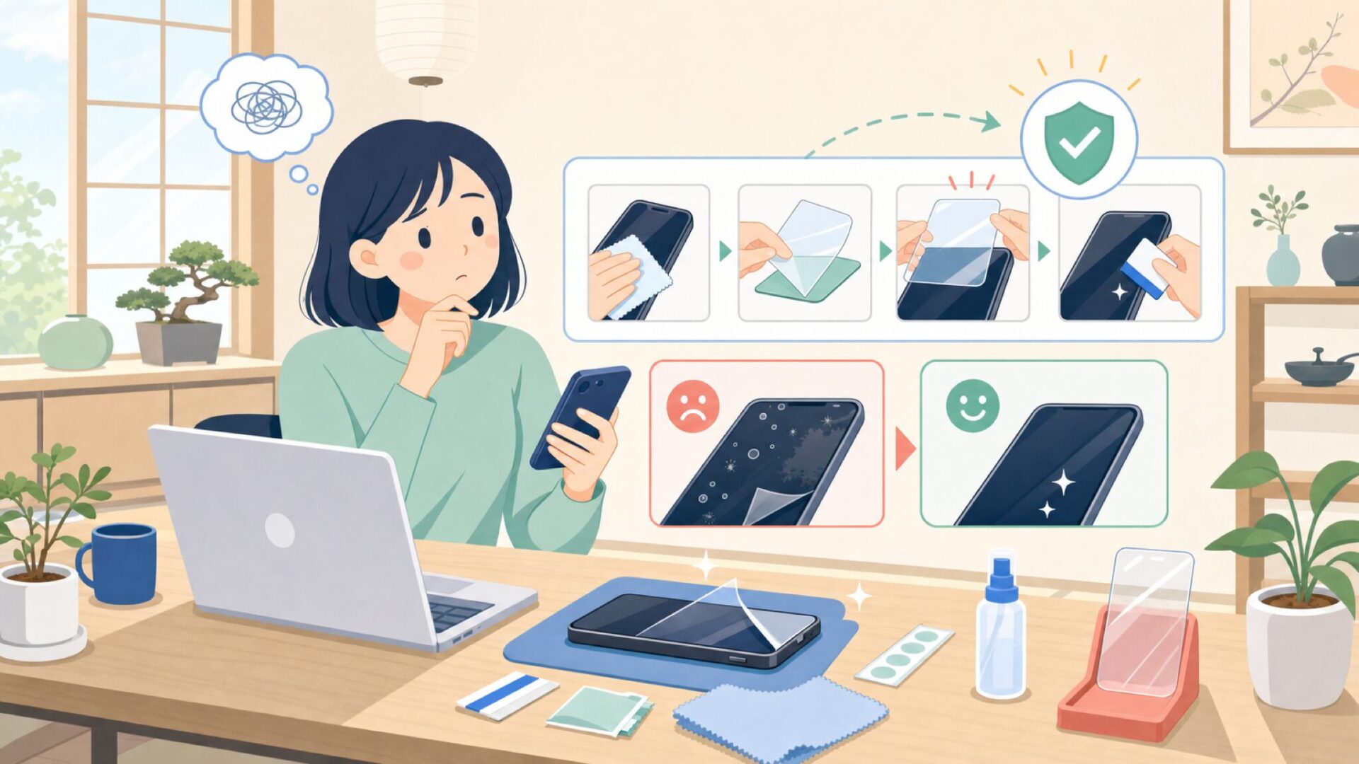 失敗しないための貼り方のコツと注意点を表すイラスト