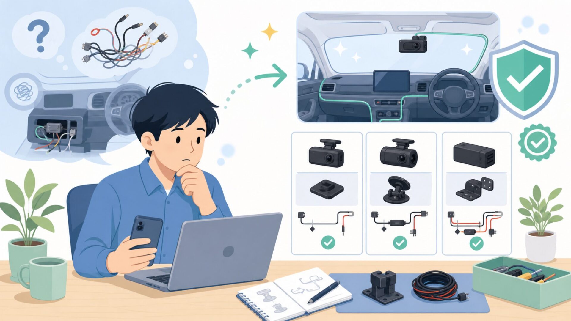 取付・配線は自分でできる?実車レビューから見る設置のリアルを表すイラスト