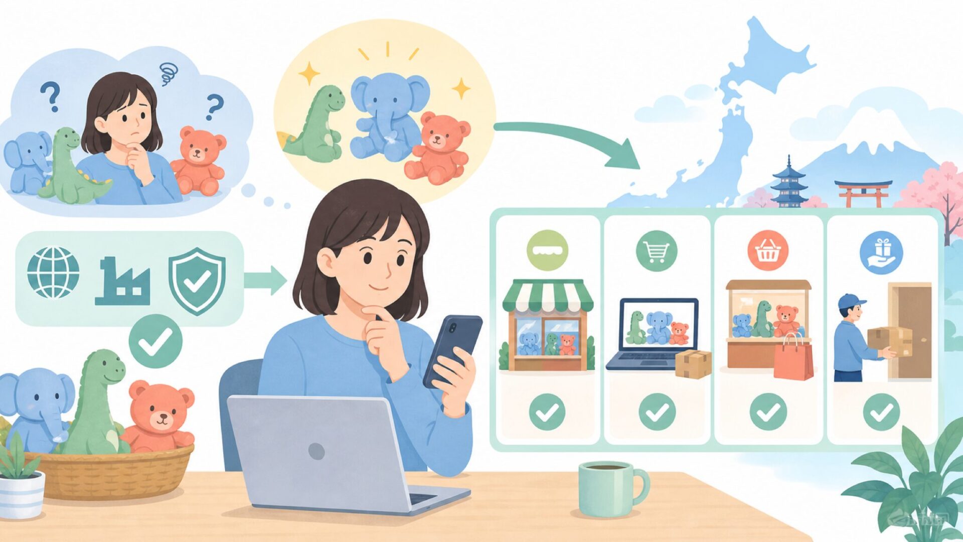 日本でTerraのおもちゃを買う方法と選び方のポイントを表すイラスト
