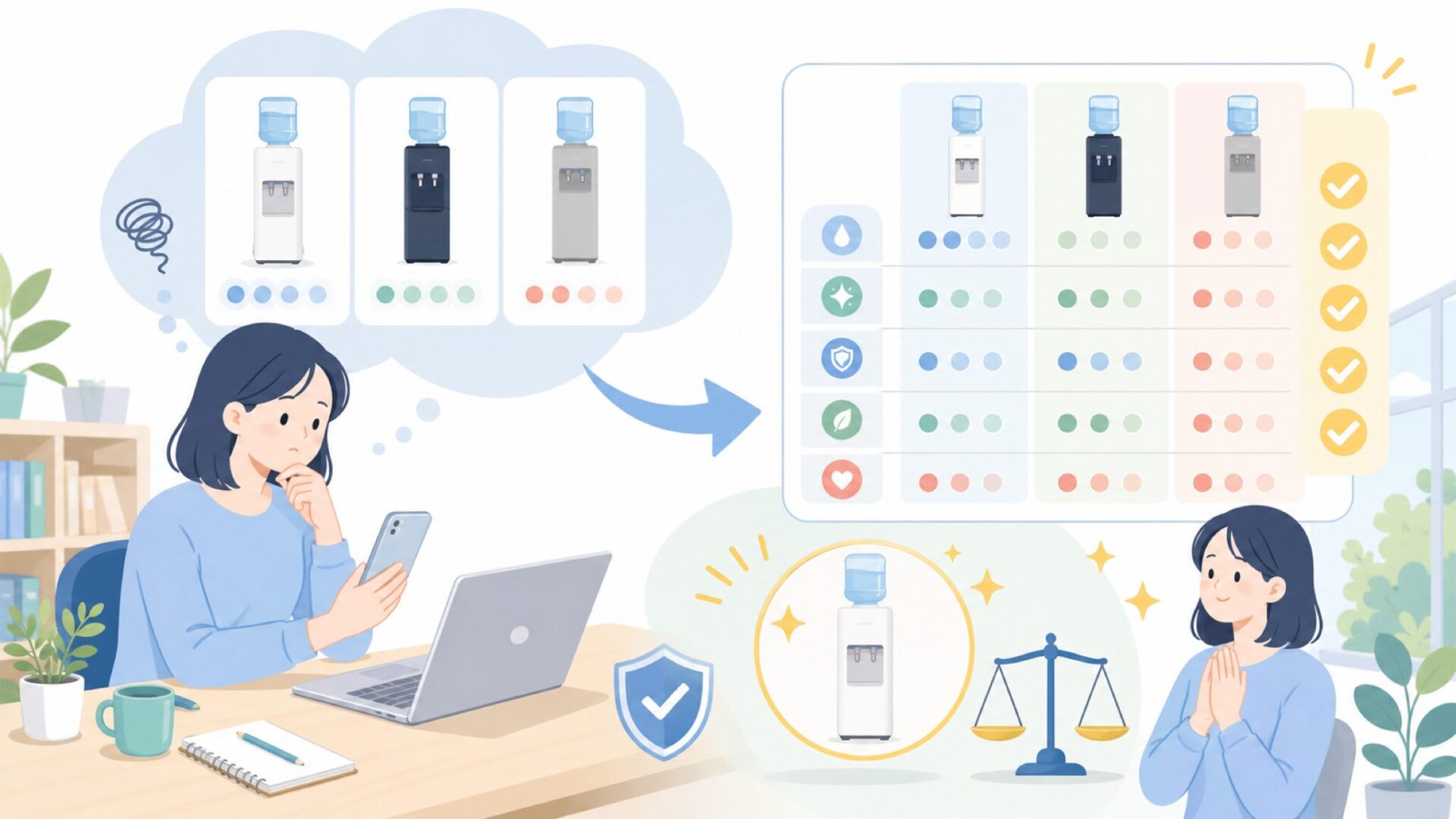 他の自動給水器と比べてどう違う？選び方のポイントを表すイラスト