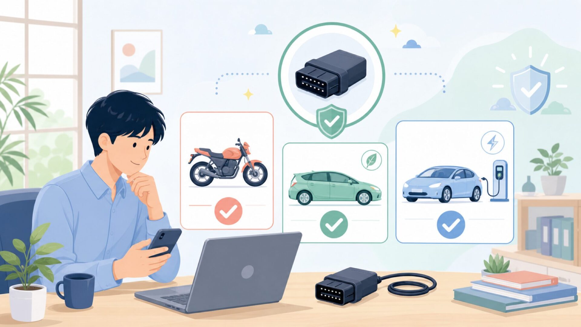 オートバイ・電気自動車・ハイブリッド車でも使える？を表すイラスト