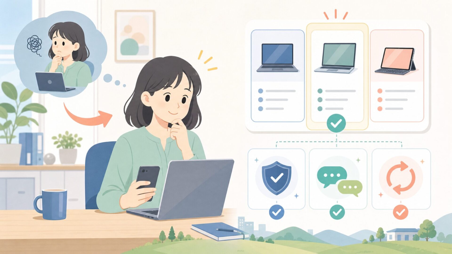 購入後に困らないための保証・日本語対応・アップデート確認を表すイラスト