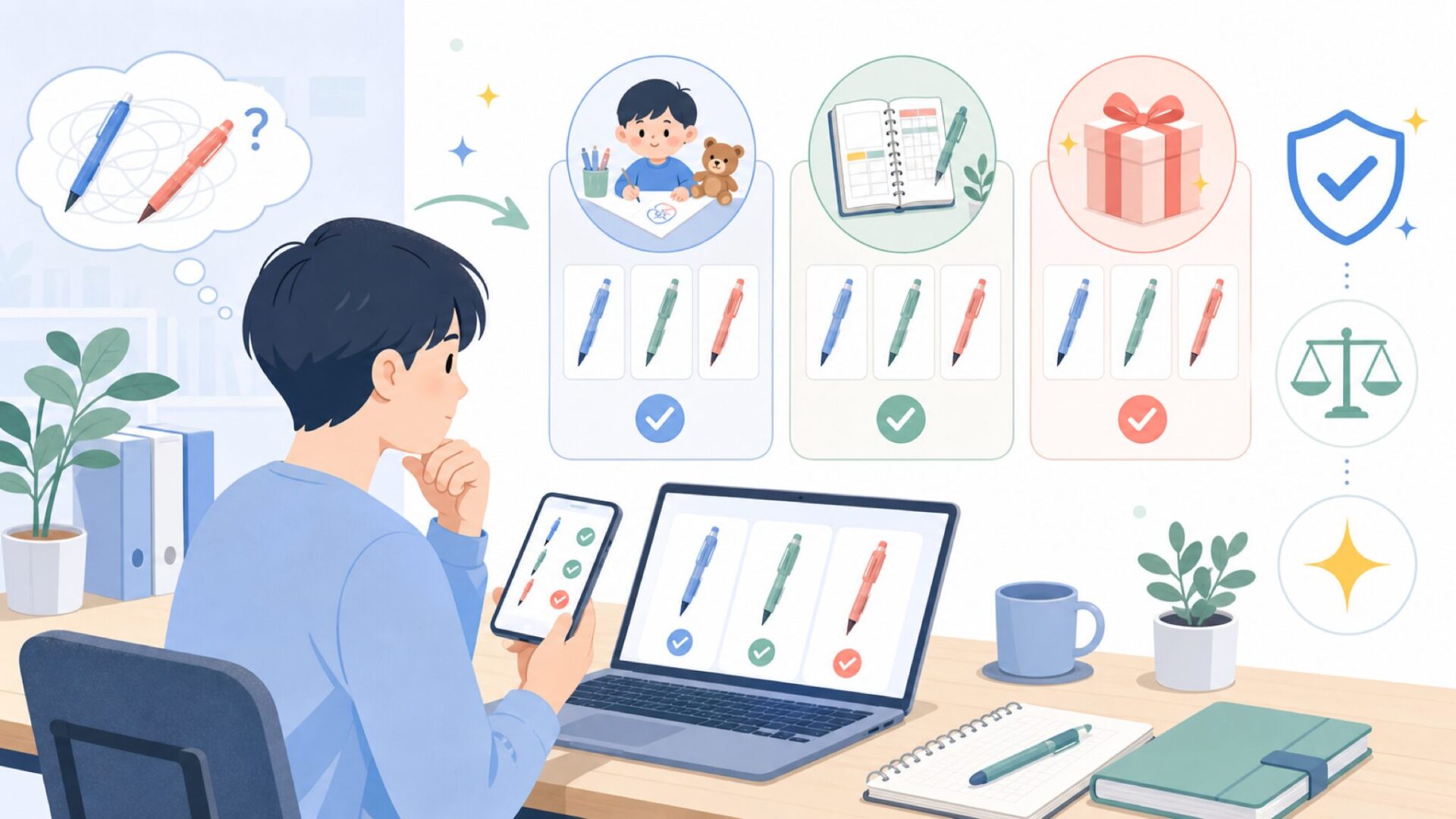 使い道別チェックガイド:子ども用・手帳用・プレゼント用を表すイラスト