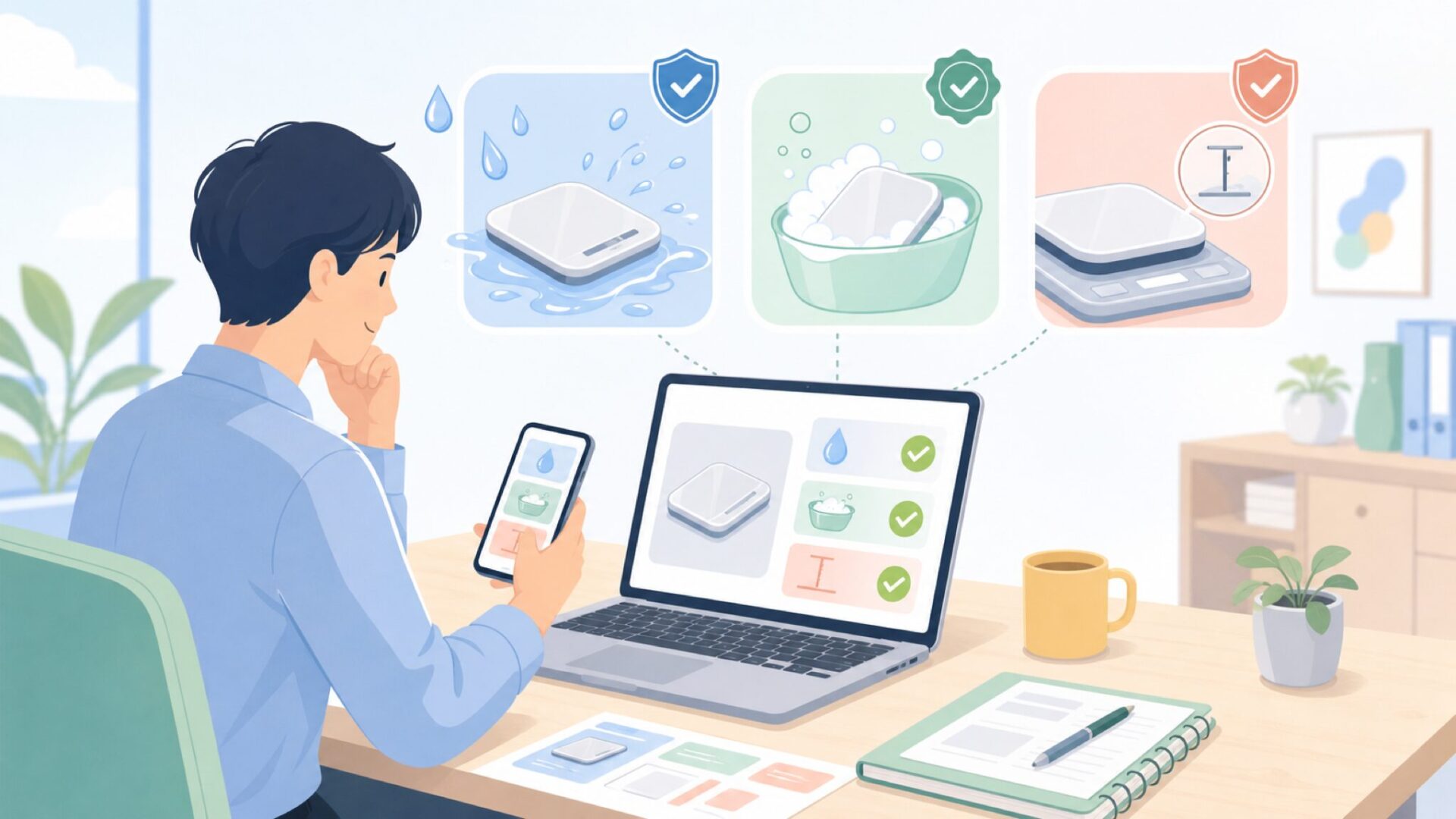 防水・丸洗い・0.1g単位…JOYHILLの基本スペックを確認するを表すイラスト