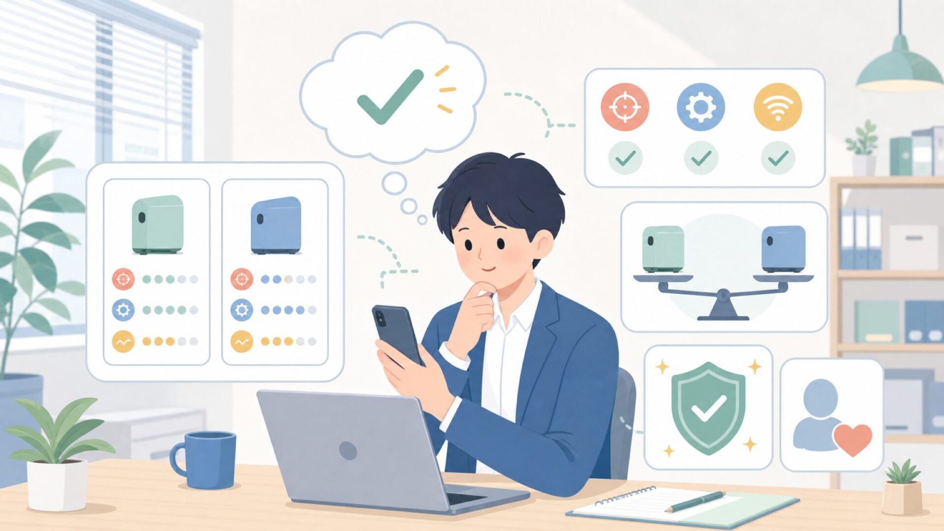 購入前にチェックしたい精度・機能のポイントを表すイラスト