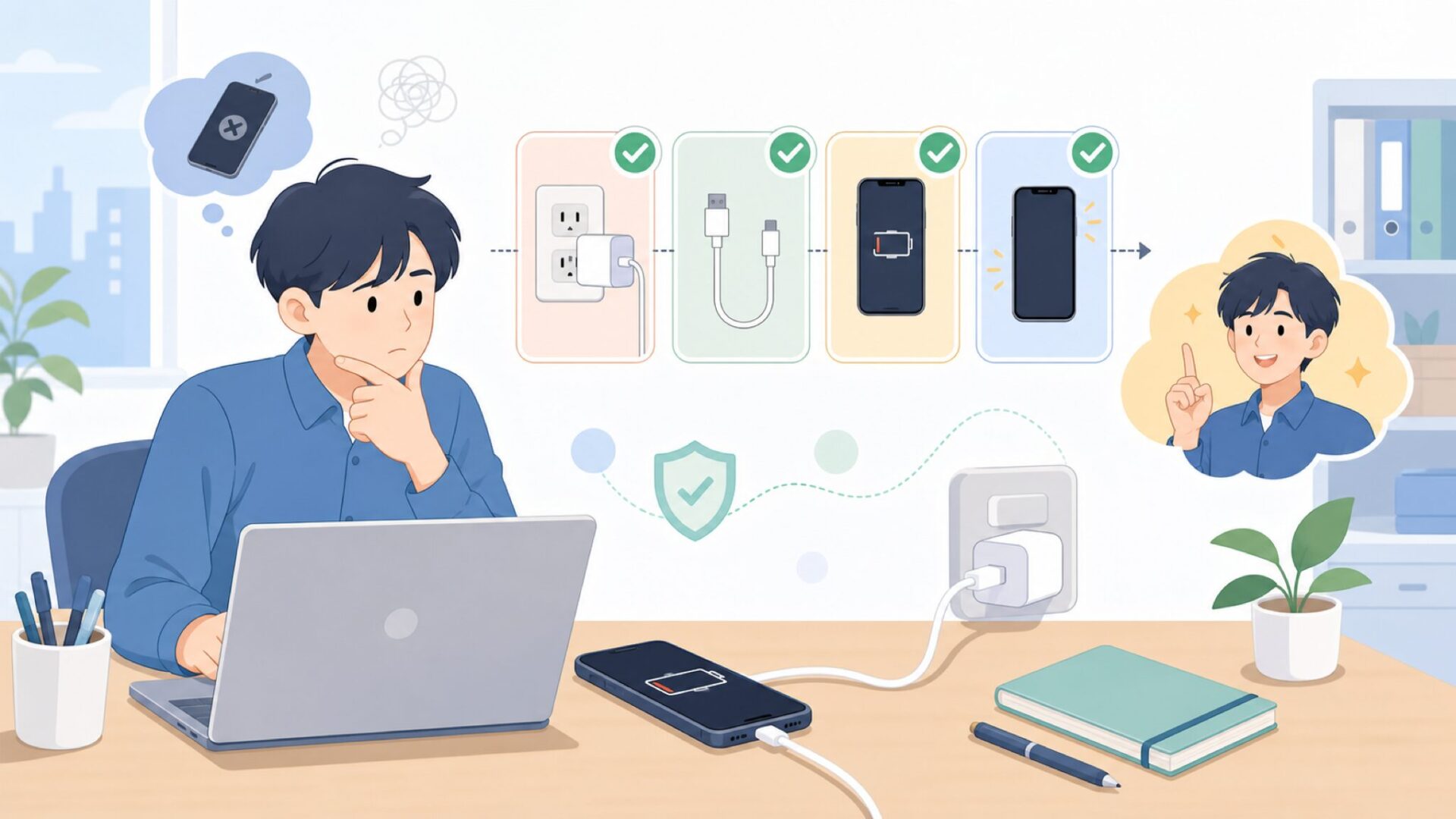 充電できない・動かないときの原因と対処法を表すイラスト