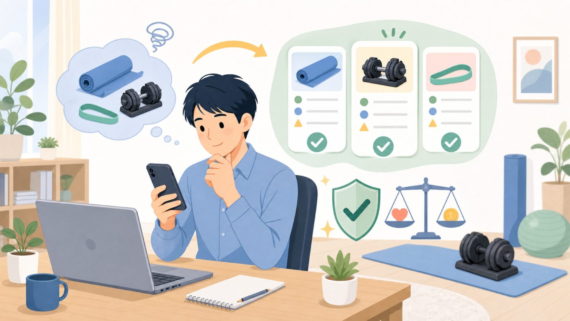 自宅トレーニングで失敗しないための選び方と注意点を表すイラスト