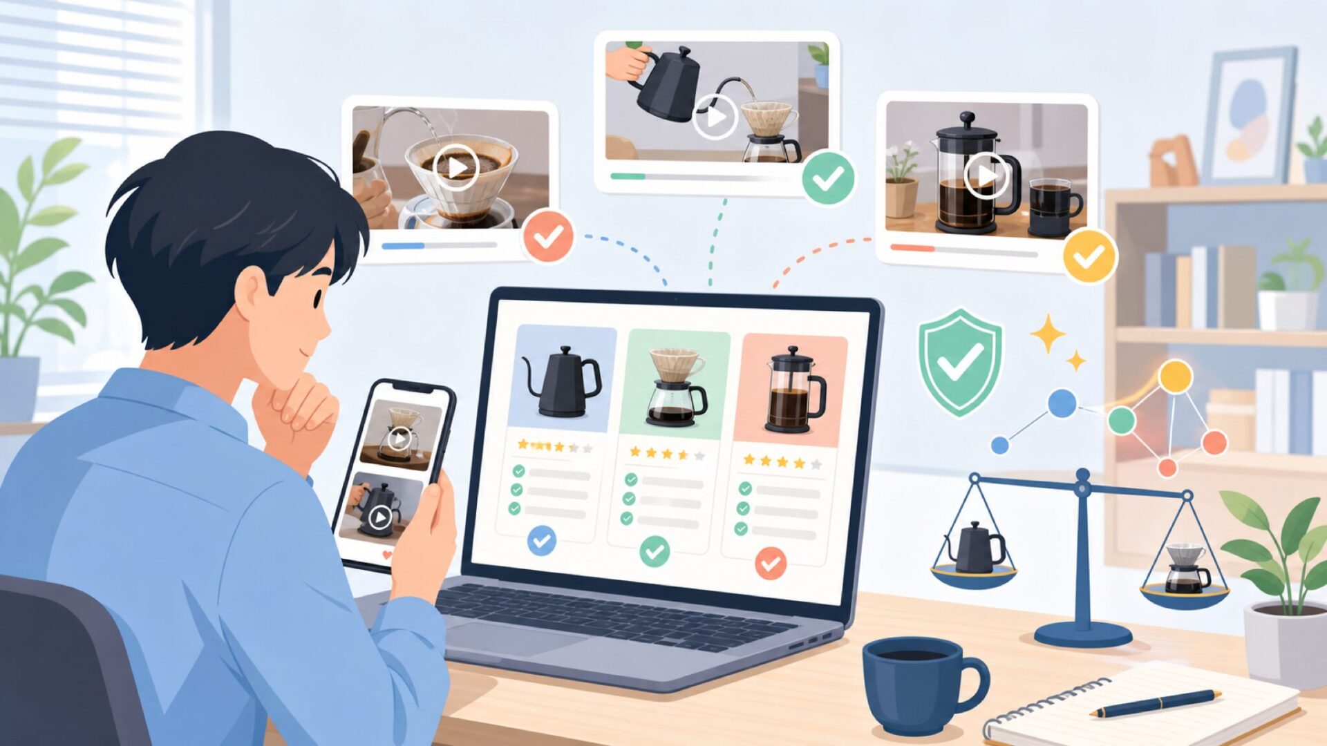 口コミ・動画で見るLILQコーヒー器具の使い勝手を表すイラスト