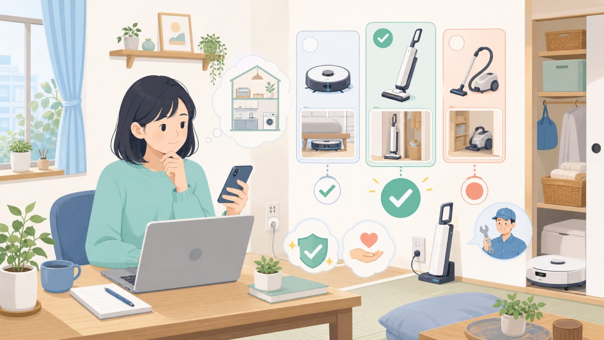 日本の住まいでBissellを使うときの注意点を表すイラスト