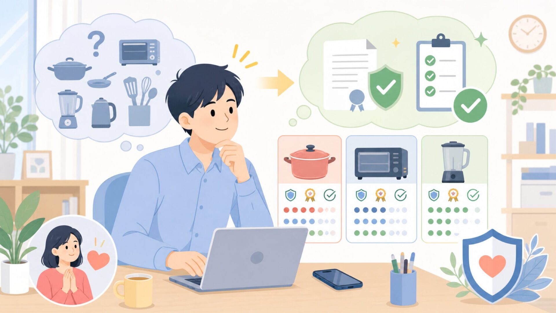 保証・安全性・購入前に確認したいポイントを表すイラスト