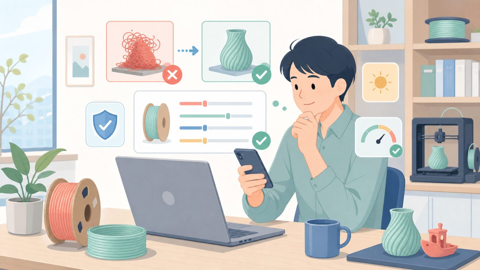 失敗しないためのOVERTUREフィラメント設定・印刷パラメータの目安を表すイラスト