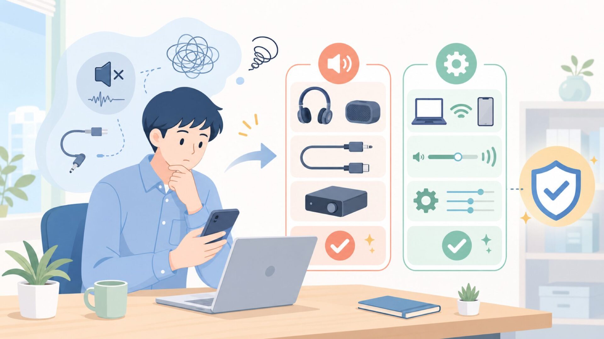 音が出ない・つながらない不安を製品と設定で切り分けるを表すイラスト