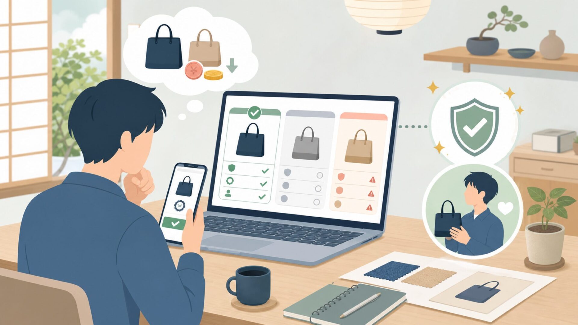 後悔しない購入のために——正規品の見極め方と購入先の選び方を表すイラスト