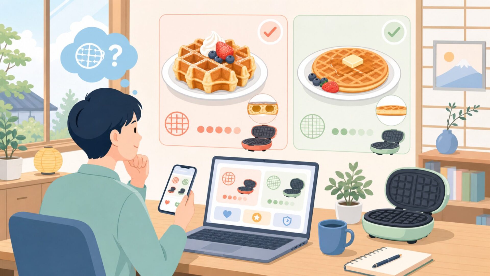 ベルギーワッフルとアメリカンワッフル、Dashはどちらに向いている?を表すイラスト