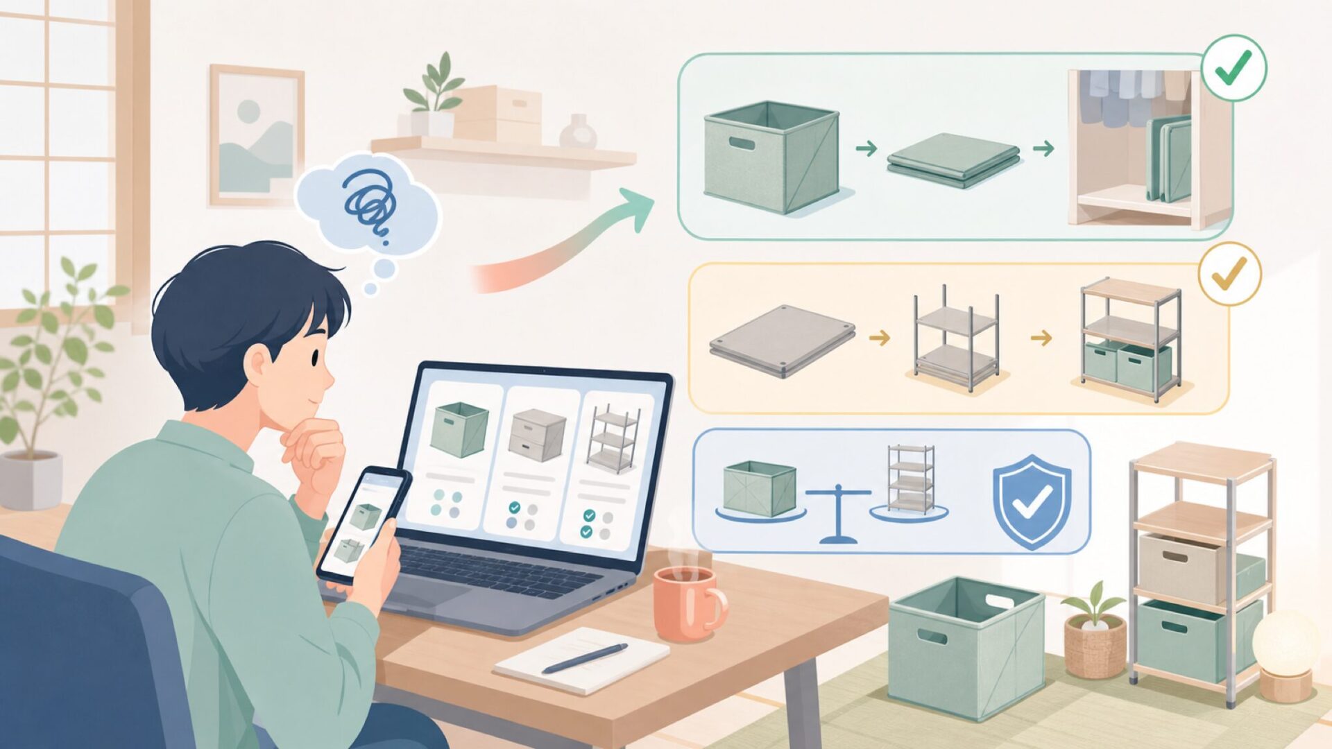 折り畳み式の収納力と組立のしやすさを確認するを表すイラスト
