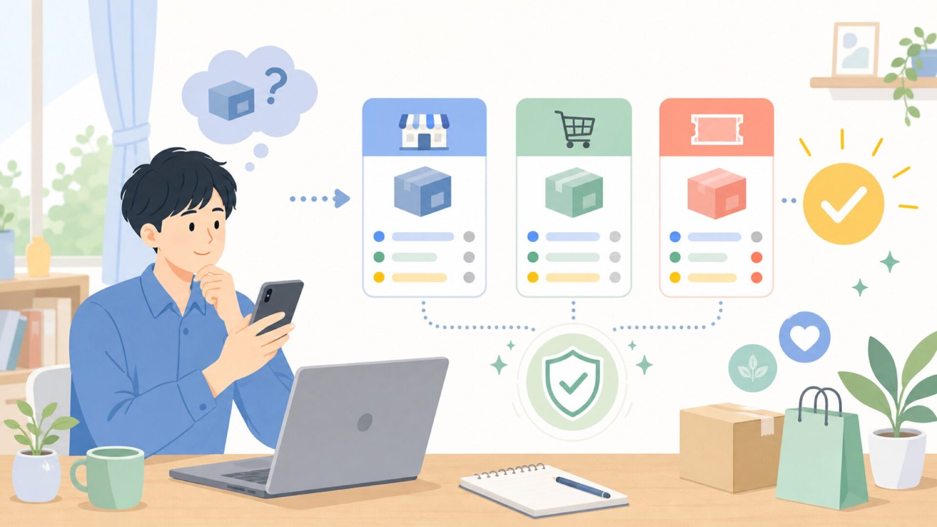 価格・購入先はどこがお得？公式・Amazon・クーポン比較を表すイラスト