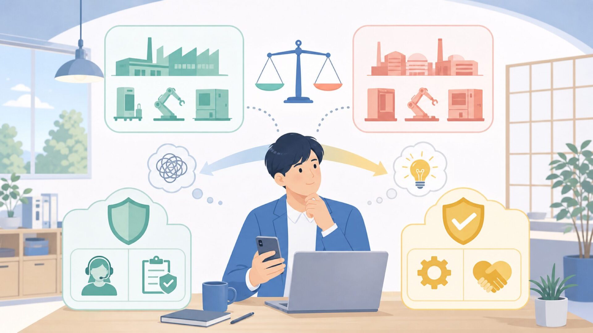 国内メーカーと海外メーカーを比べる視点を表すイラスト