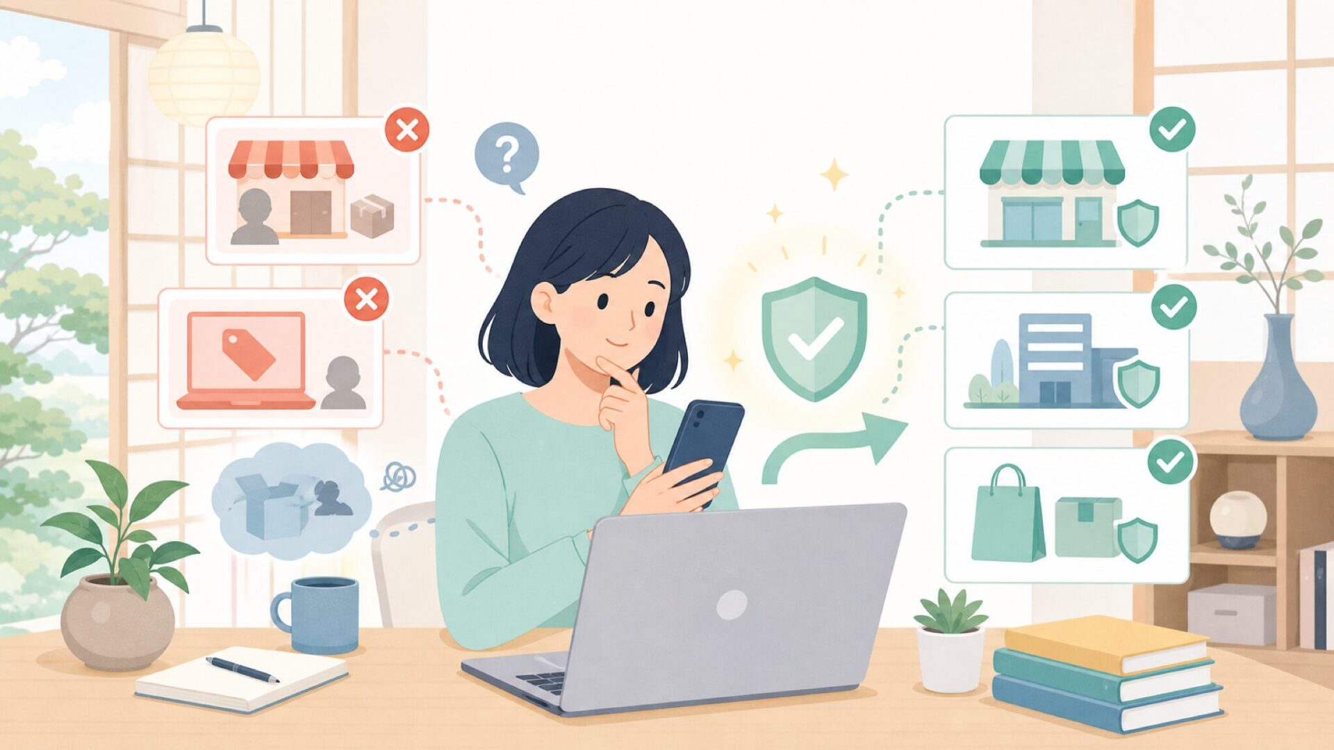本物はどこで買える？信頼できる購入場所と見極め方を表すイラスト