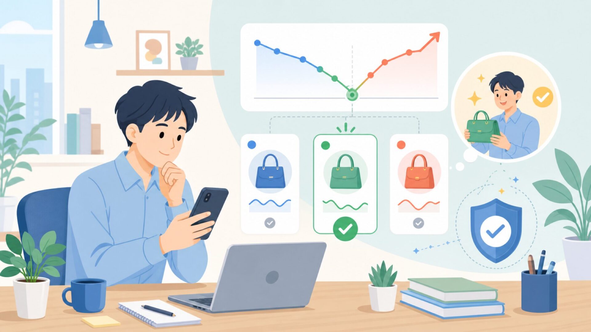 価格推移とセールタイミングの見極め方を表すイラスト