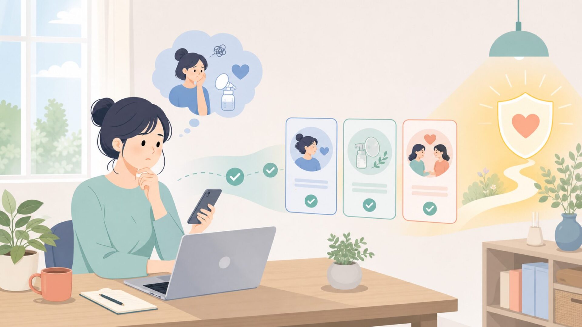 産後の悩みと前向きに向き合うためにを表すイラスト