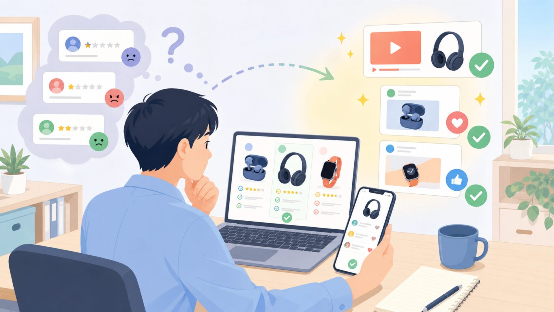 YouTubeやSNSでの評判・口コミ傾向を表すイラスト