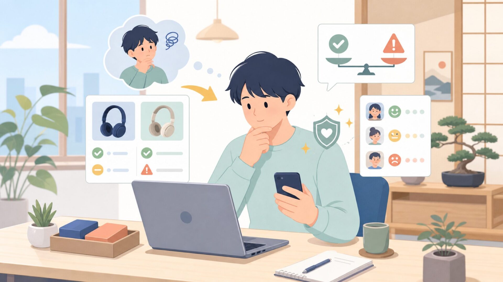 購入前に知っておきたい実機レビューの声を表すイラスト