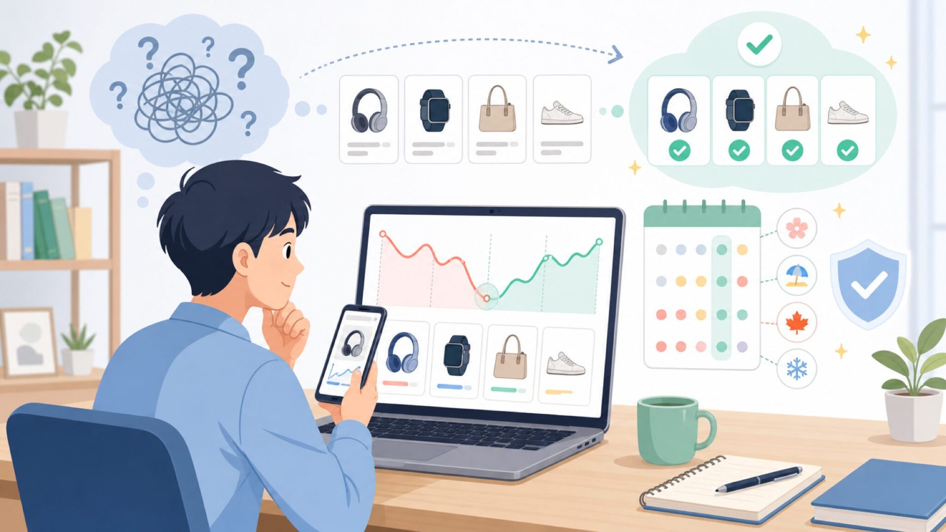価格推移とセール時期の見極め方を表すイラスト
