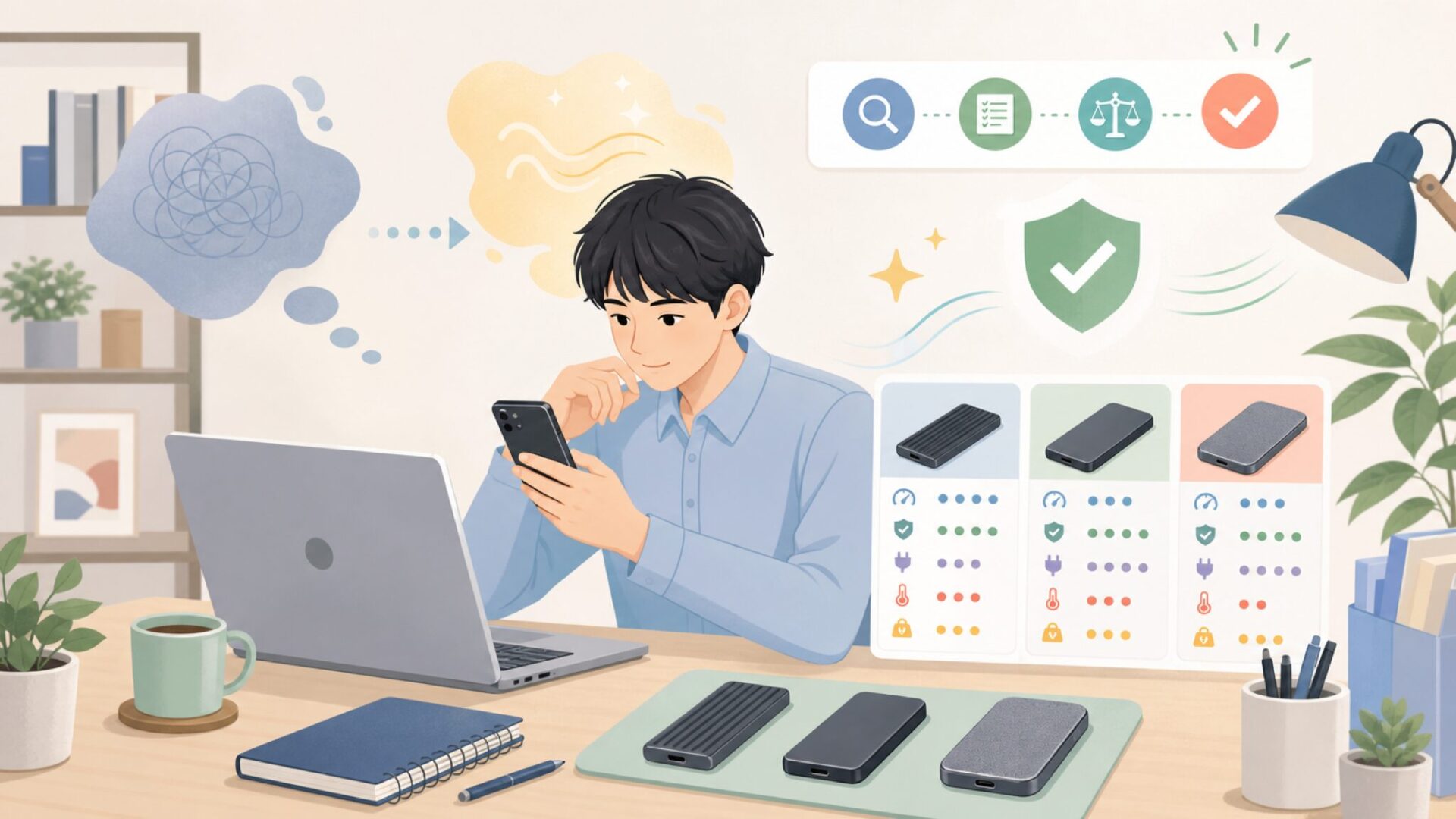 後悔しないためのInateck SSDケース購入前チェックリストを表すイラスト