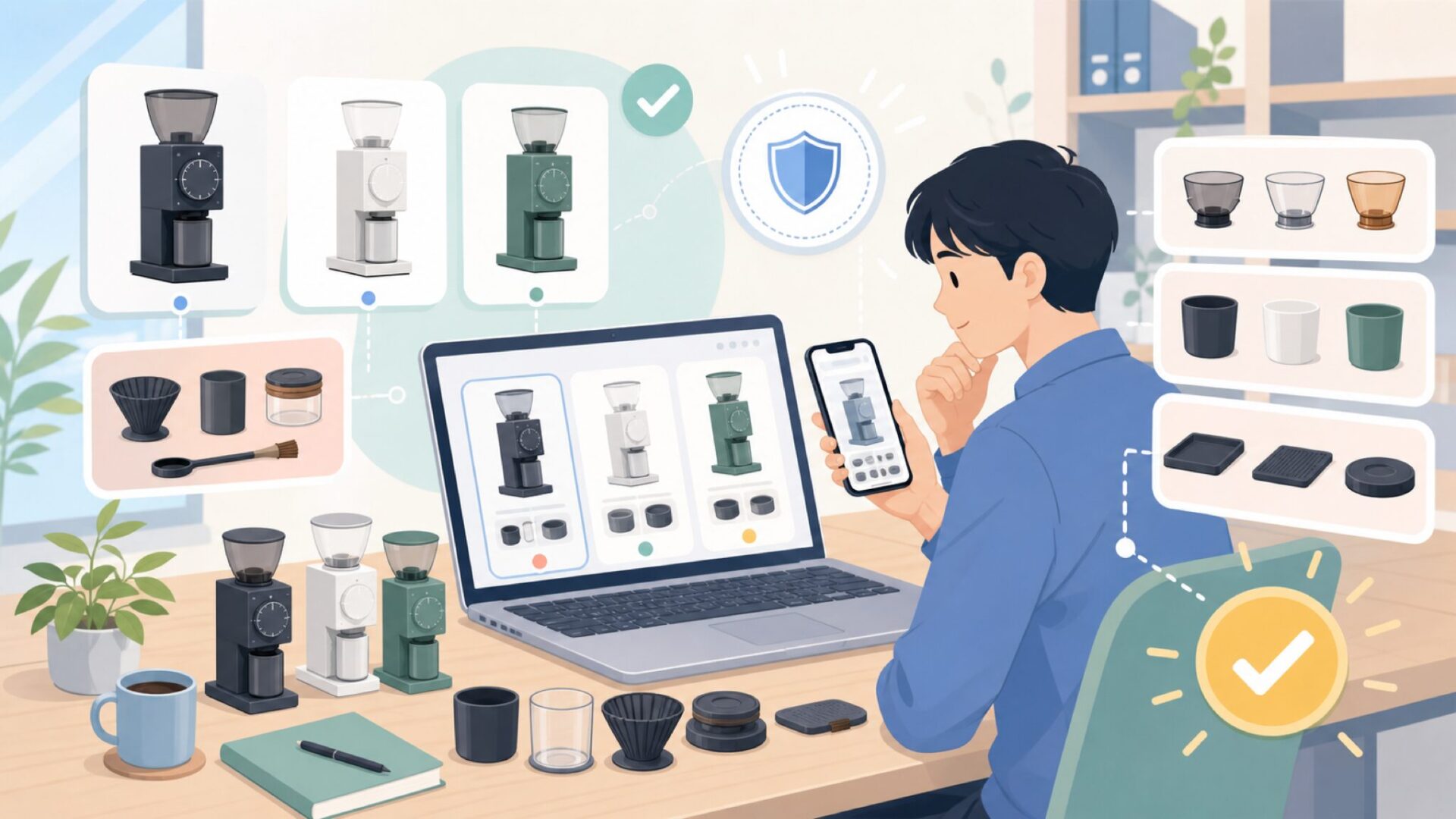 Wirshのグラインダーや周辺機器から見える製品ラインの広がりを表すイラスト