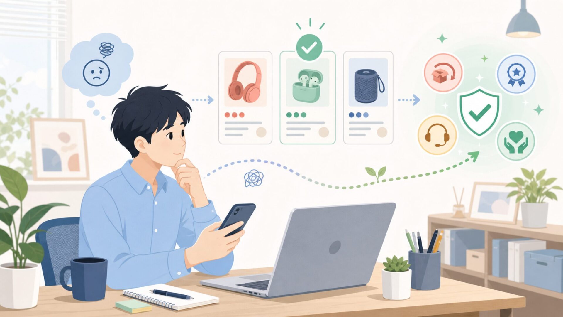 返品・保証・アフターサポートは頼れるかを表すイラスト