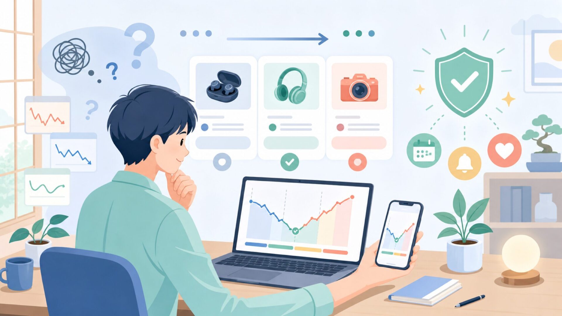 価格とセールのタイミングを見極めるを表すイラスト