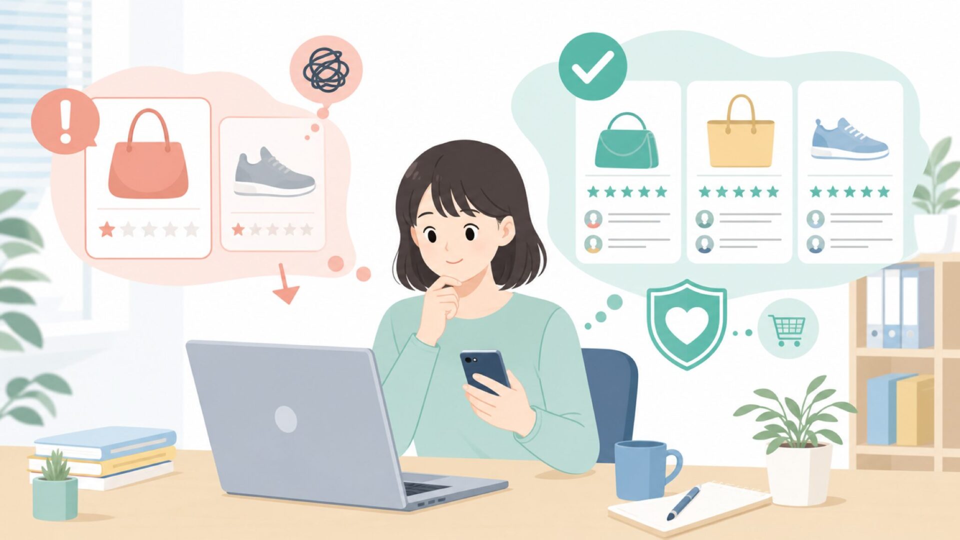 価格・レビューから見る信頼性の見極め方を表すイラスト