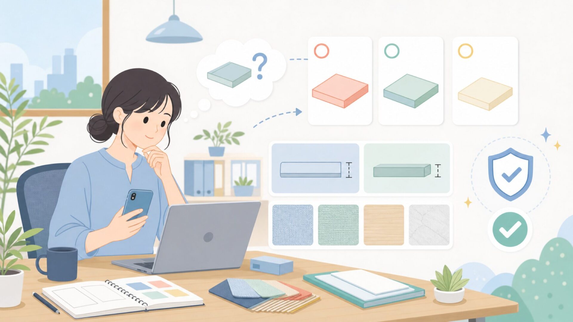 購入前に確認したい商品情報（厚み・サイズ・素材）を表すイラスト
