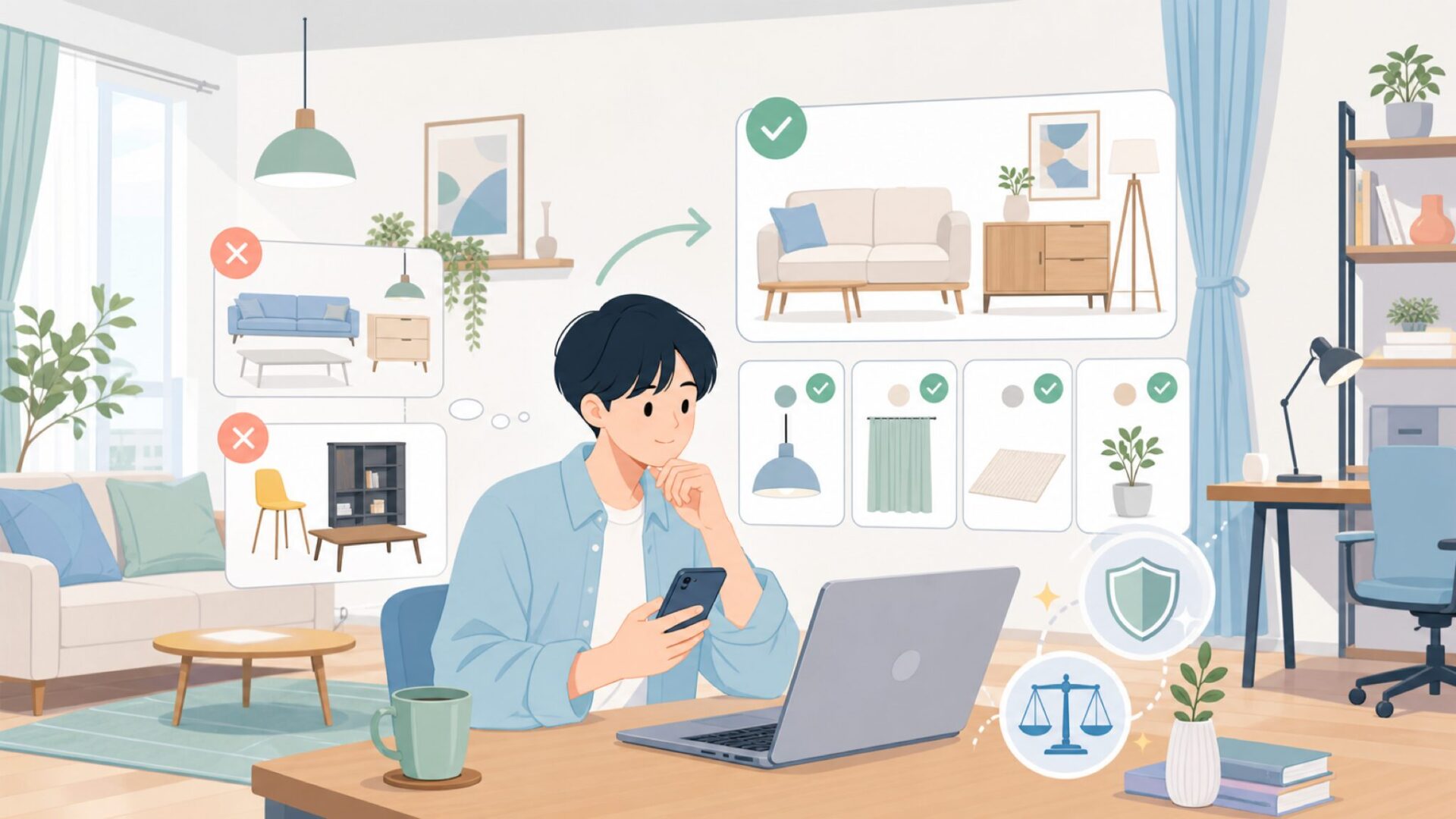 デザイナーシリーズで叶える、安っぽく見えない部屋づくりを表すイラスト