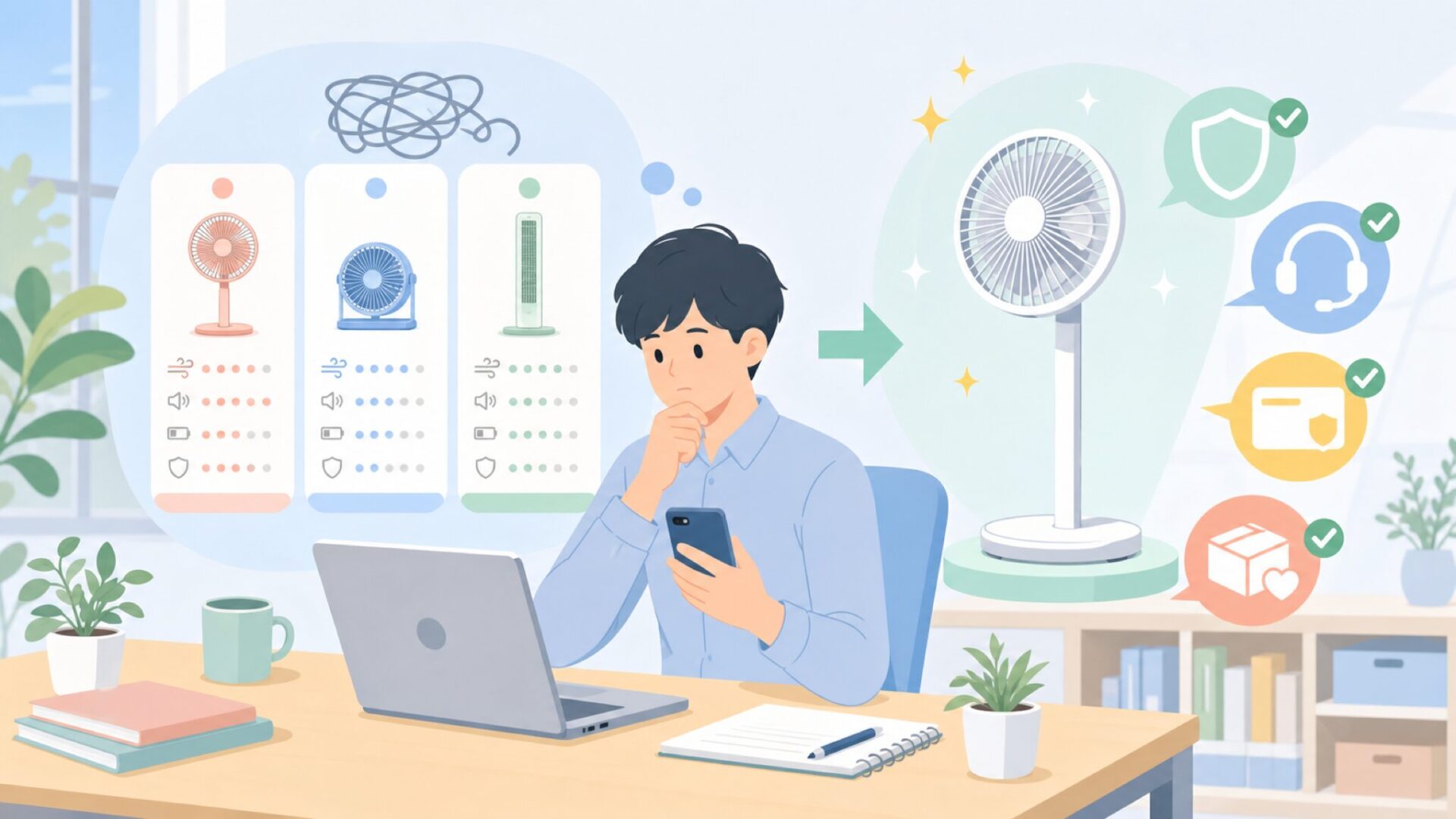 Life on Productsの扇風機を購入前にチェックすべきポイントを表すイラスト