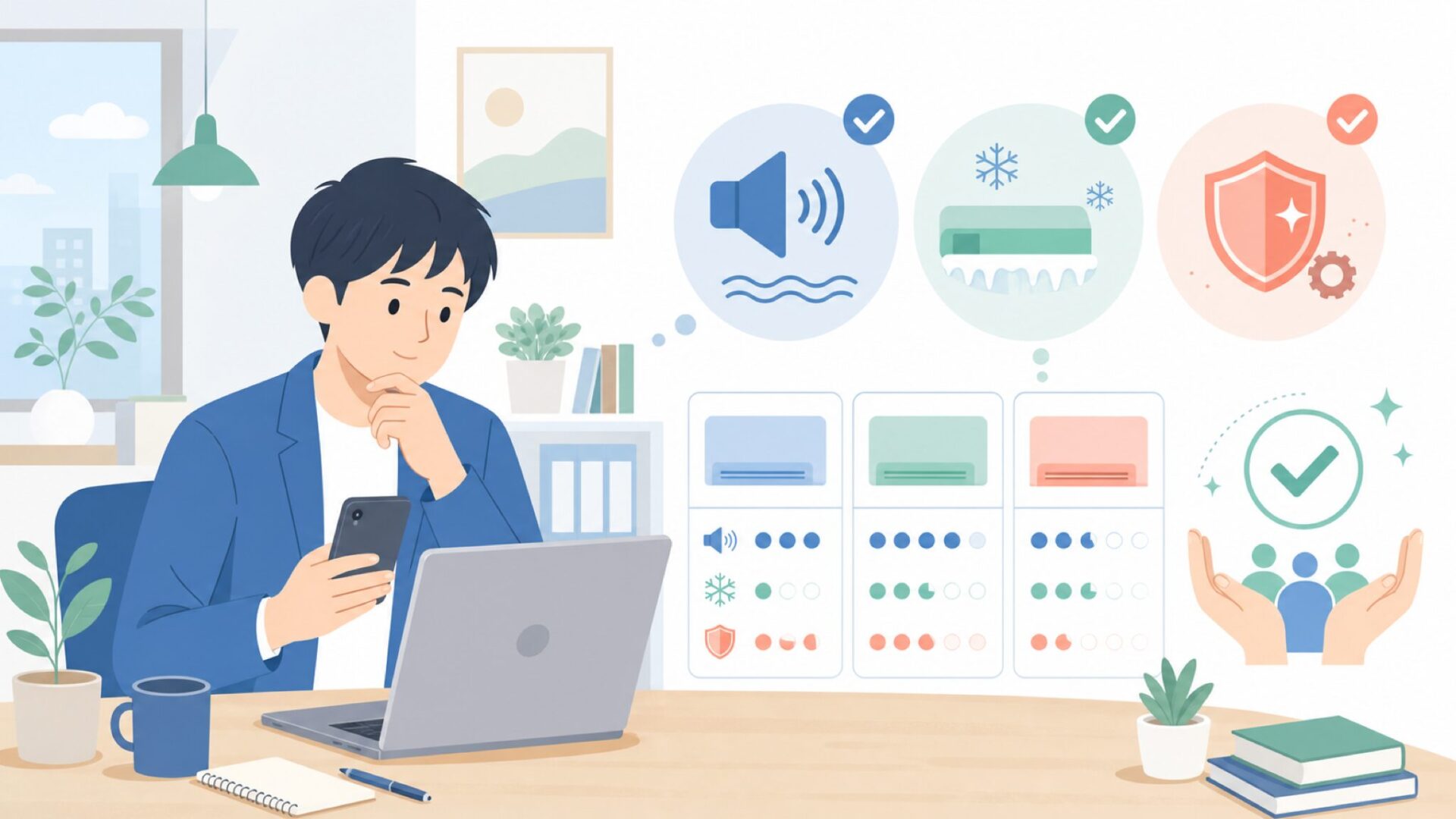 購入前に確認したい注意点(音・霜・耐久性)を表すイラスト