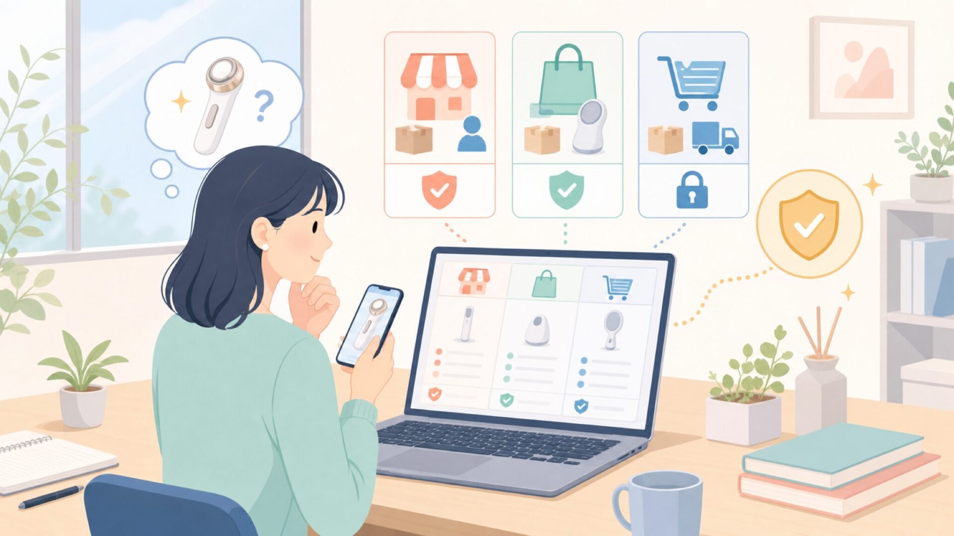 Areti美顔器はどこで買うのが安心？購入先別の特徴を表すイラスト