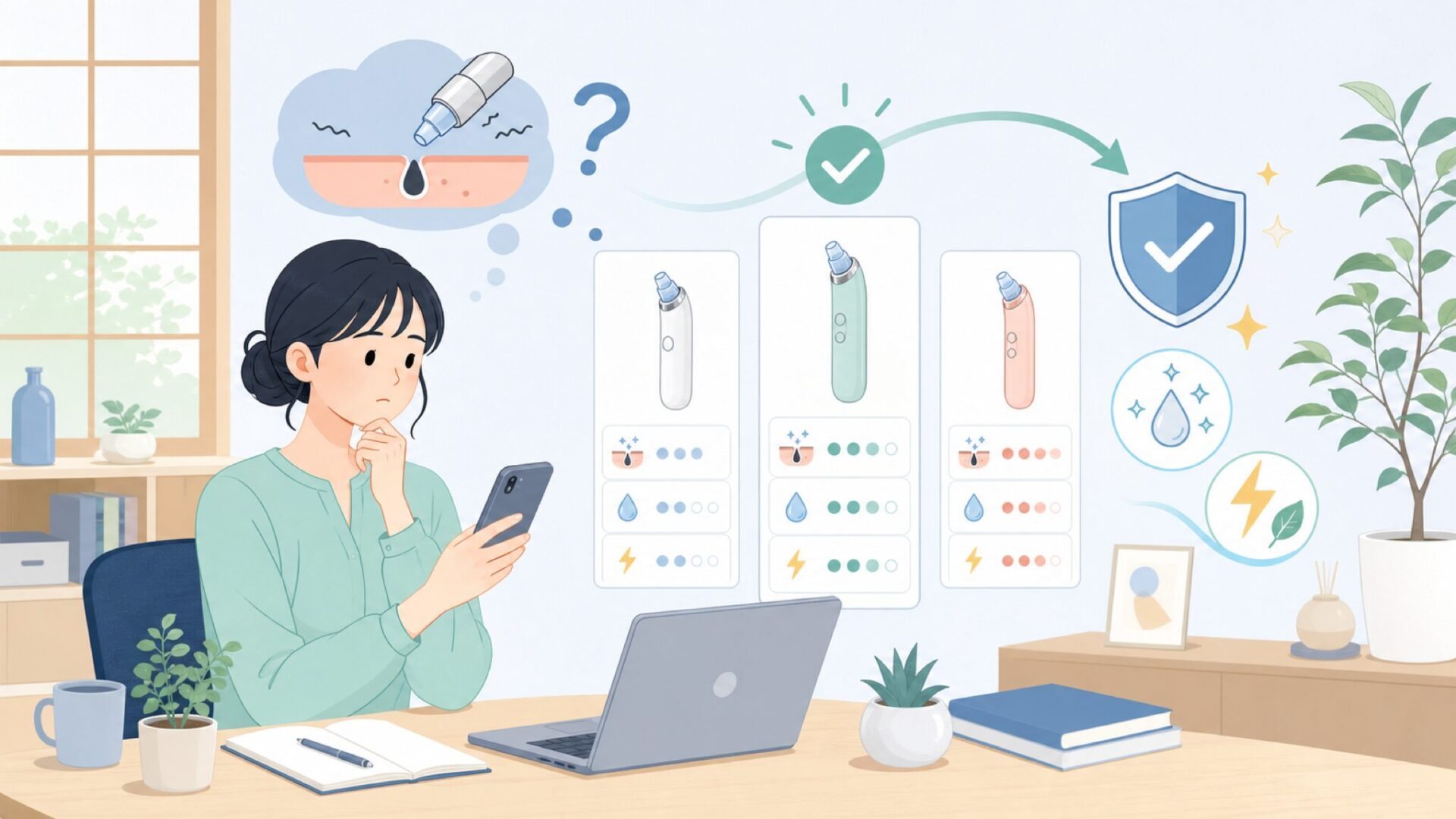 Yccu毛穴吸引器の機能と使い方を確認するを表すイラスト