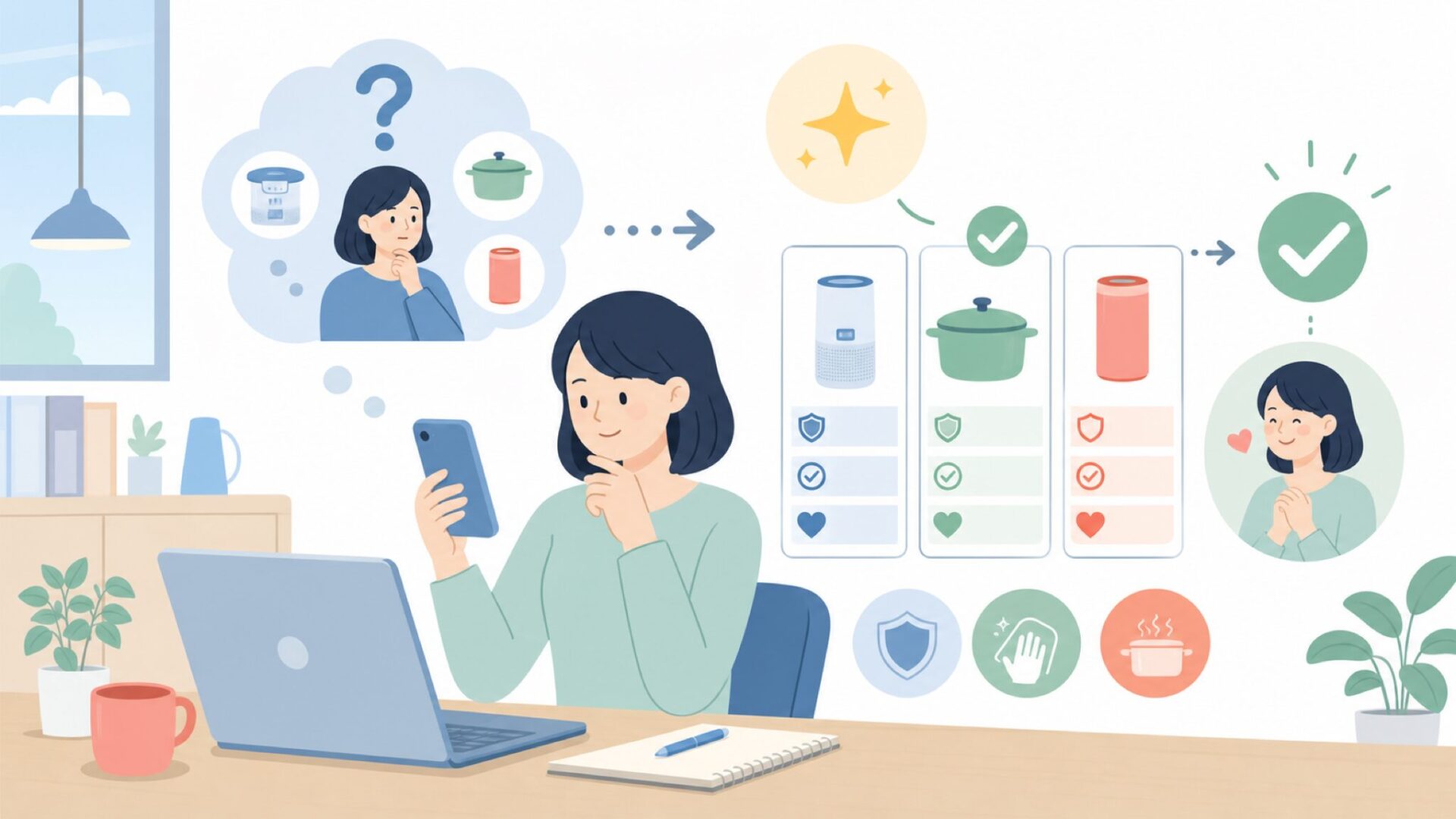 購入前にチェックしたい安全性と使い方のポイントを表すイラスト