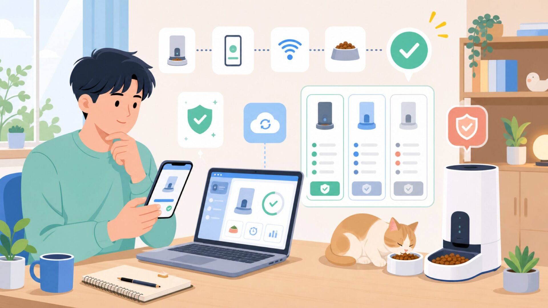Yuposl自動給餌器の設定方法とアプリの使い方を表すイラスト