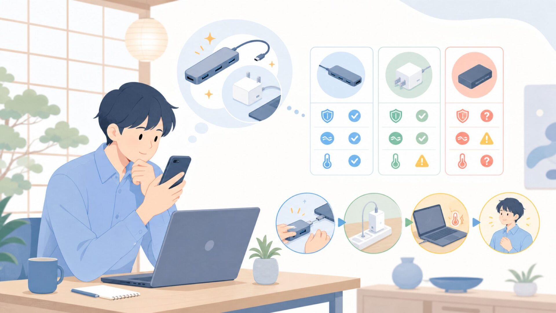 実際の使用感でわかるデータ転送・給電・発熱の注意点を表すイラスト
