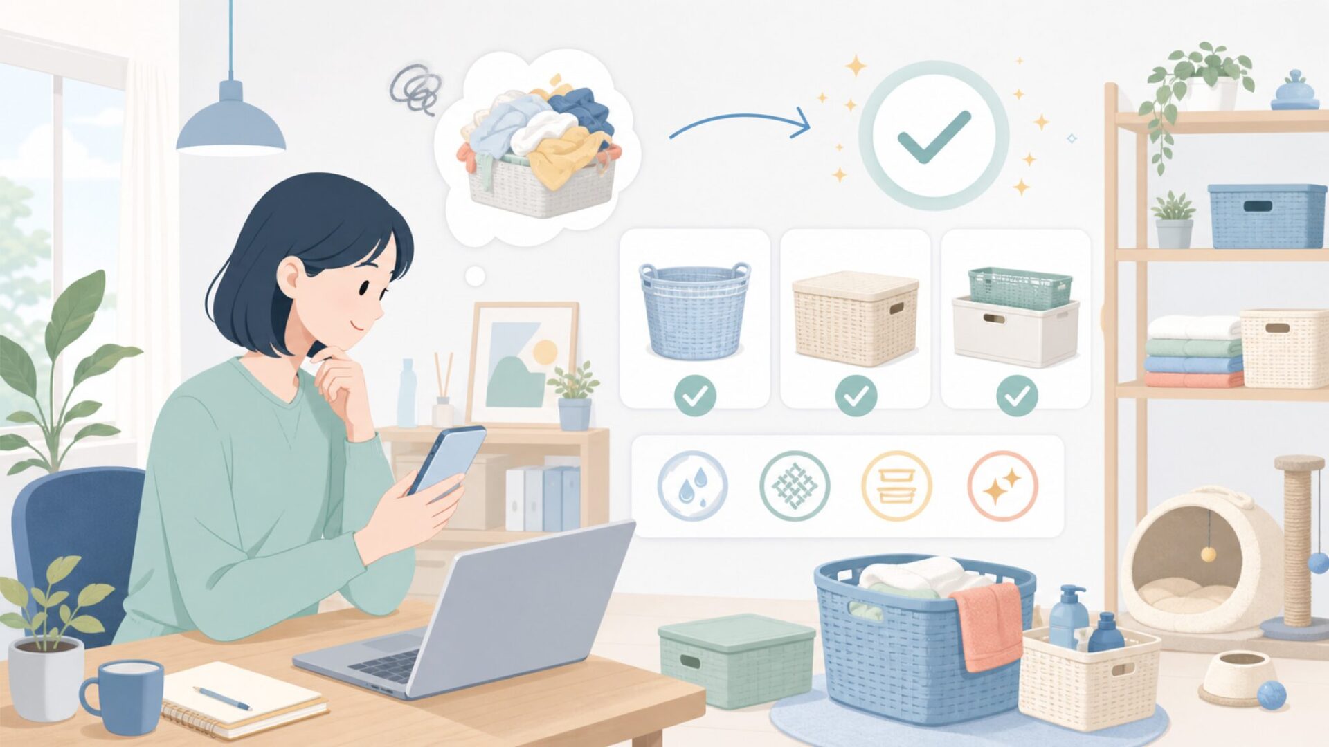 Curverの収納・ランドリー用品の特長を表すイラスト
