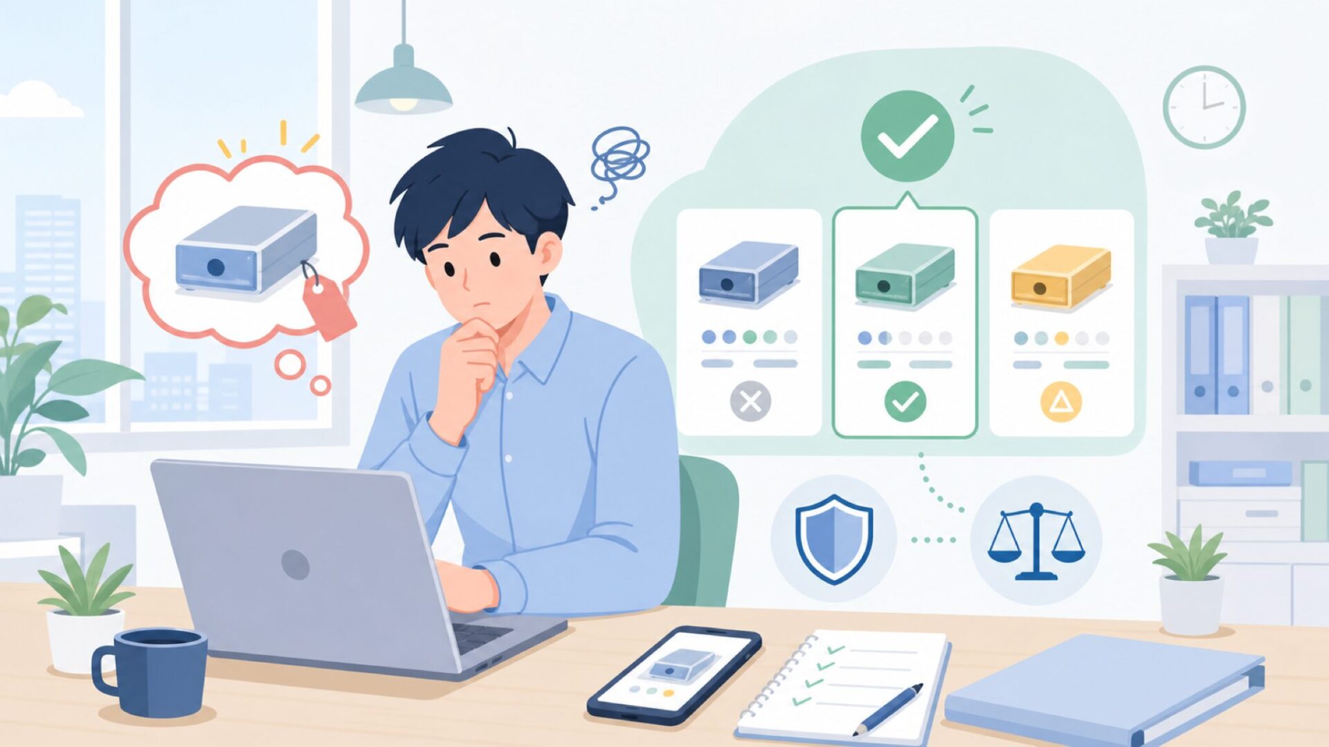 購入前に確認したい仕様と用途適合のチェックポイントを表すイラスト
