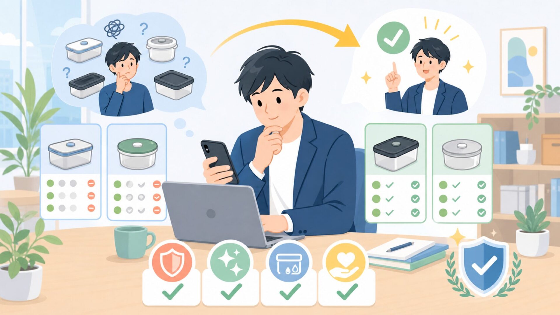 真空保存容器選びで失敗しないための4つの基準を表すイラスト