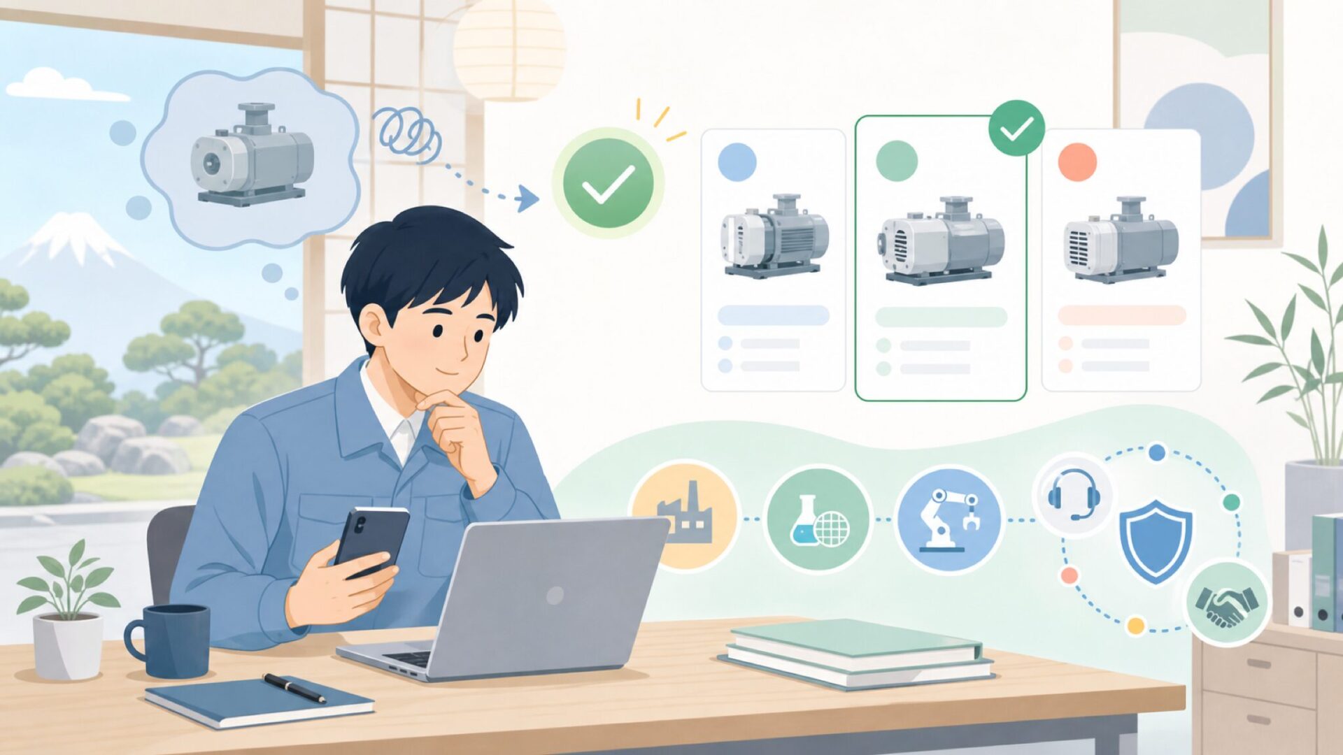 ドライ真空ポンプ選びで確認すべきポイントを表すイラスト