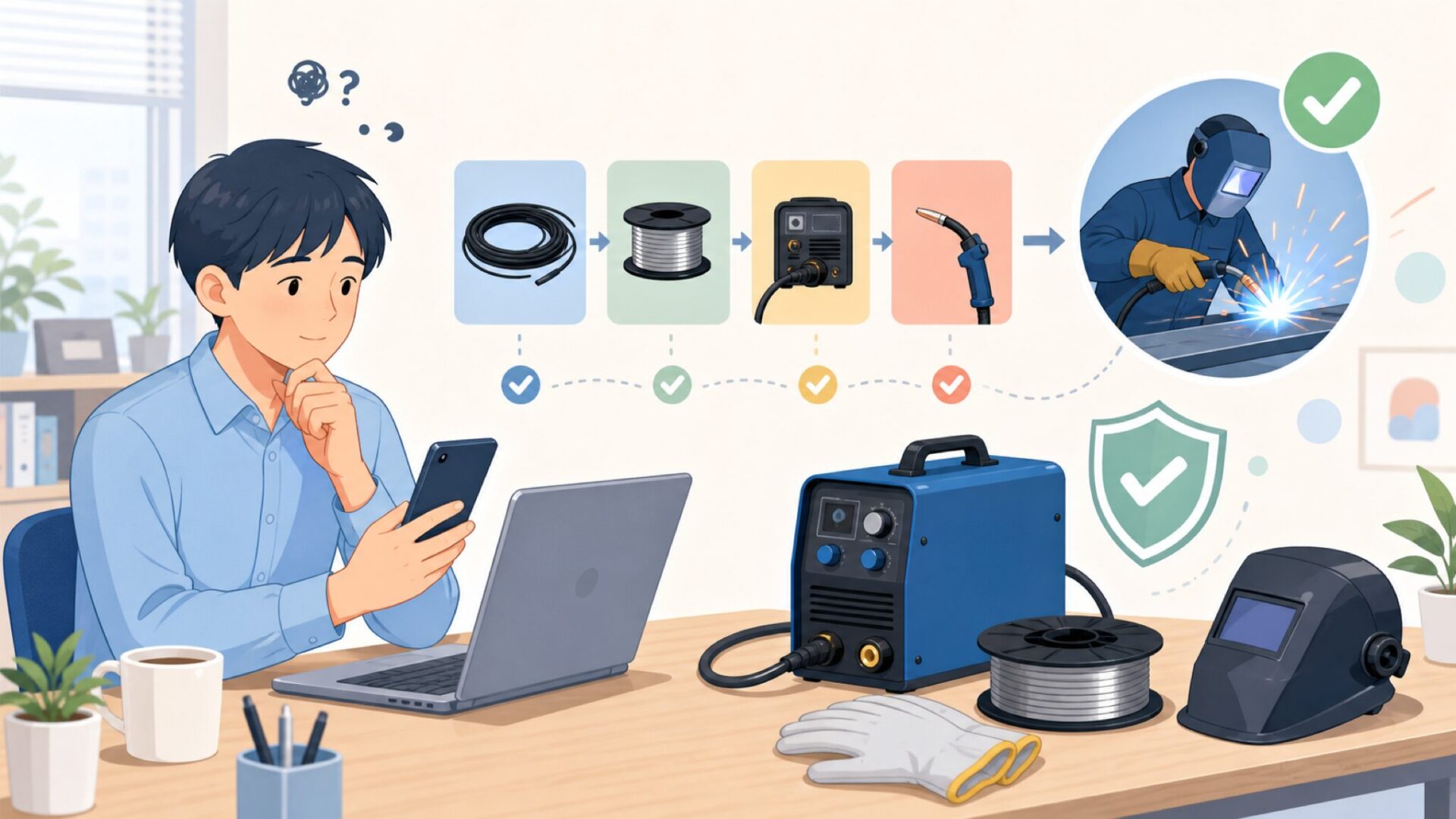 初心者でも扱える？ワイヤーセットから試し溶接までの流れを表すイラスト