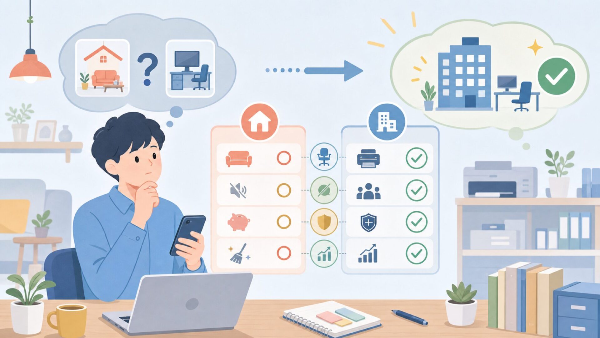 家庭用・業務用どちらに向く?選び方のポイントを表すイラスト