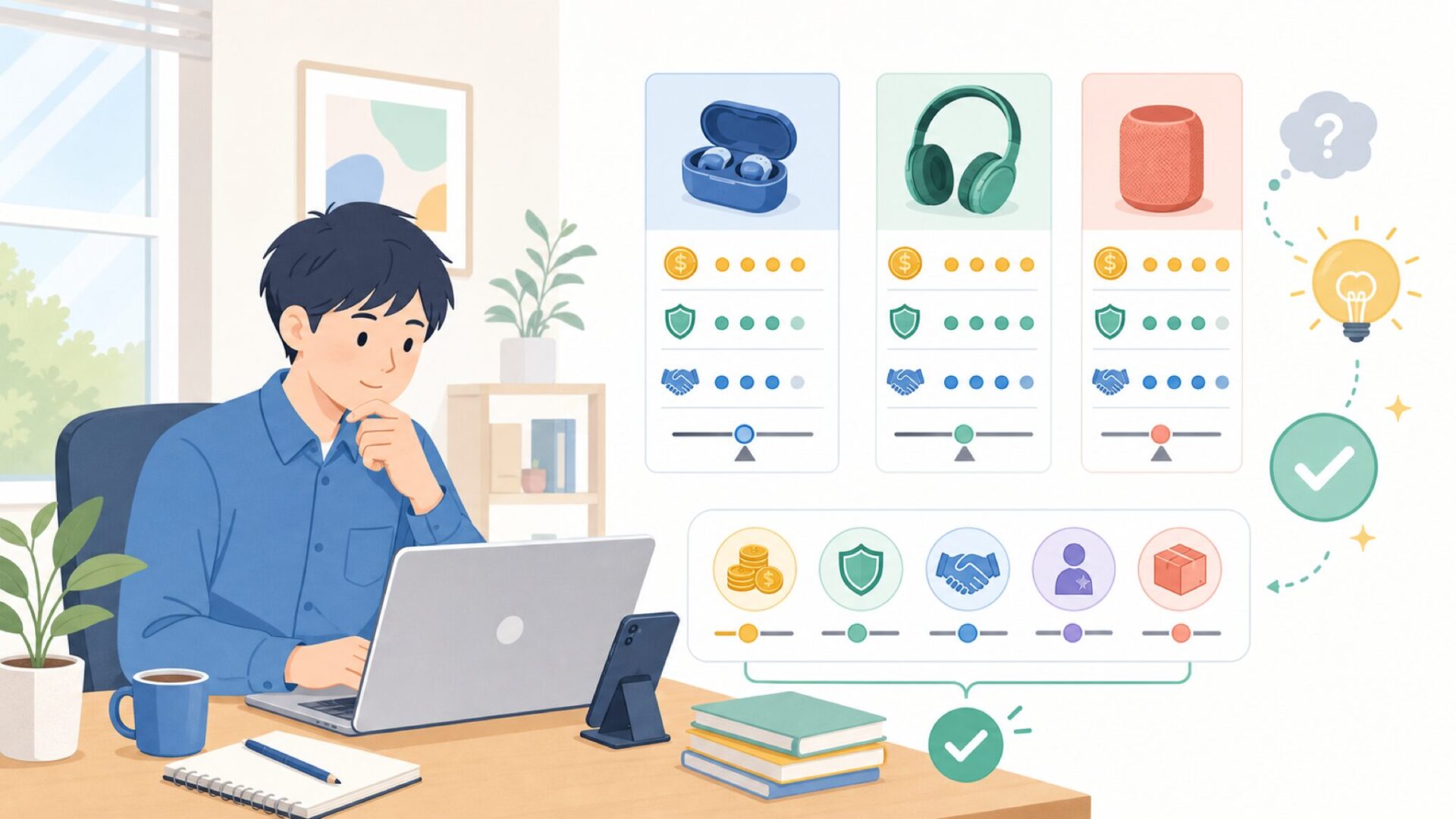 価格とコスパ、他ブランドとの比較で選ぶ基準を表すイラスト